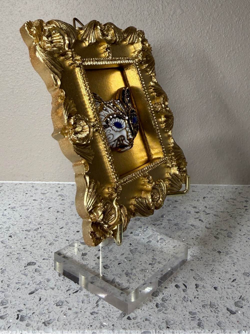 OOAK Whimsical Gothic Cat Mask Framed Jewelry Art - Miniature Baroque Decor - Picture 5 of 6